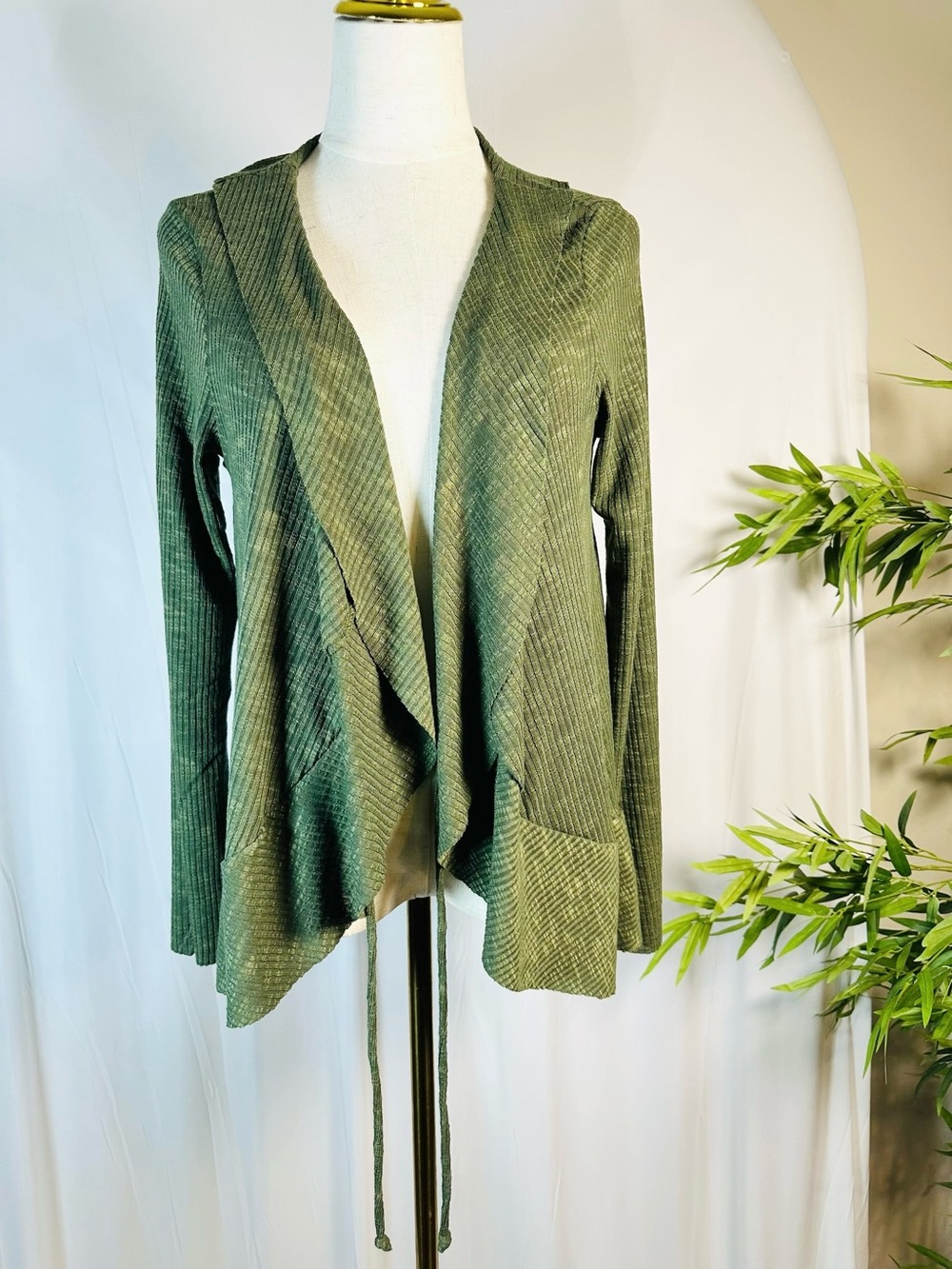Ragdoll Olive Green Ribbed Waterfall Drape Cardigan | Boho 90s